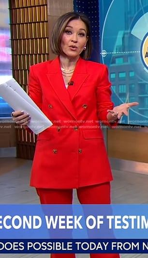 Eva's red blazer and pant suit on Good Morning America