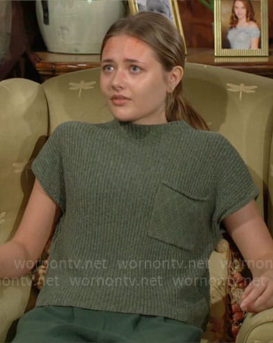 Faith's green knit top and pants on The Young and the Restless