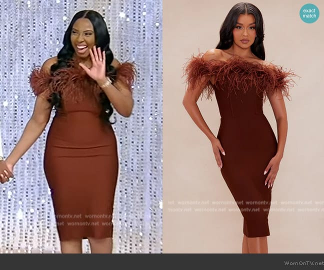 Fashion Nova Rosalia Bandage Midi Dress in Chocolate worn by Arlette Amuli on Tamron Hall Show