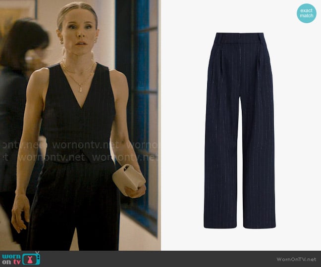 Favorite Daughter The Dream Favorite Wide Leg Pants in Navy Pinstripe worn by Joanne (Kristen Bell) on Nobody Wants This