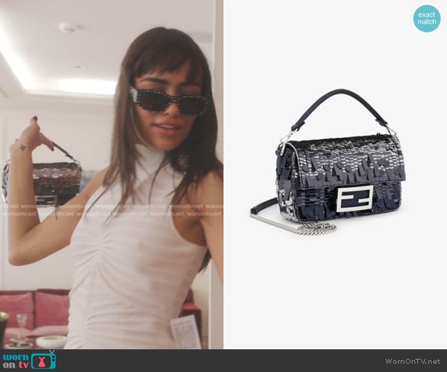 Fendi Baguette Mini in gradient blue sequins worn by Genevieve (Thalia Besson) on Emily in Paris