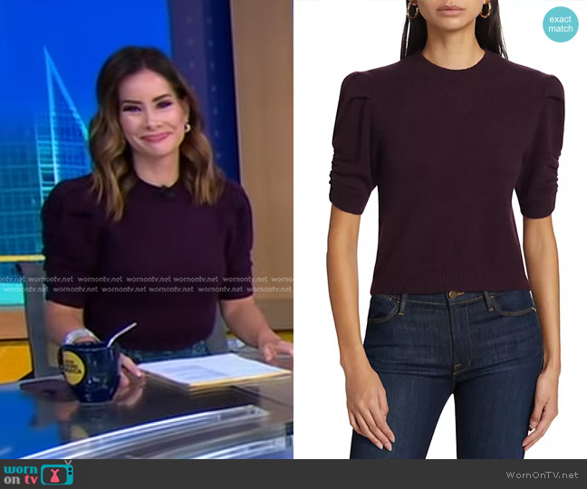 Frame Ruched Sleeve Recycled Cashmere Blend Sweater in Plum worn by Rebecca Jarvis on Good Morning America