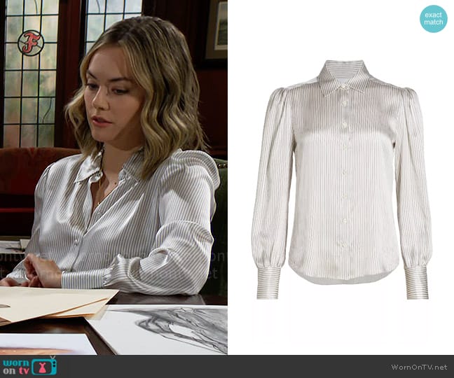 Frame Victorian Silk Striped Blouse worn by Hope Logan (Annika Noelle) on The Bold and the Beautiful