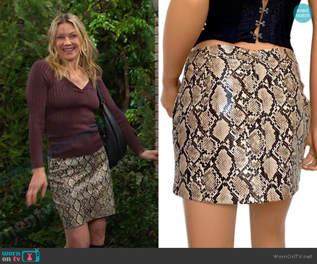 Free People Snake Skin Zip Front Mini Skirt worn by Kristen DiMera (Stacy Haiduk) on Days of our Lives