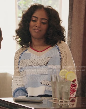 Gabby's patchwork distressed sweater on All American Homecoming