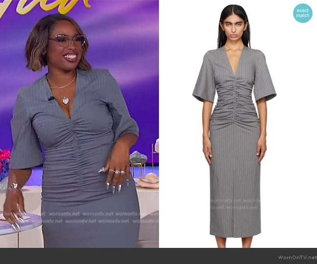 Ganni Gray Striped Suiting Midi Dress worn by Jennifer Hudson on The Jennifer Hudson Show