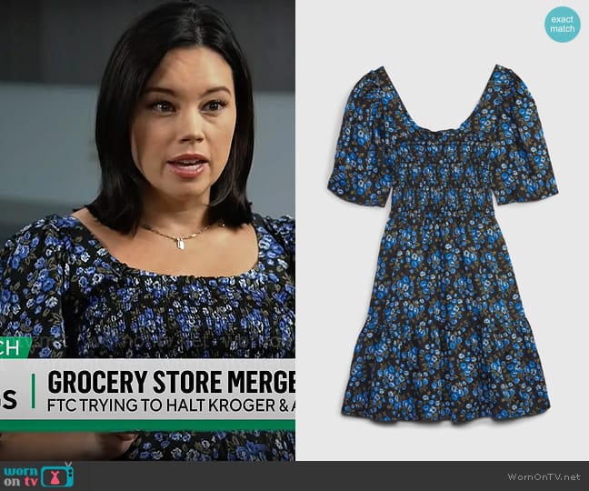 GAP Puff Sleeve Smocked Floral Mini Dress in Blue Ditsy Floral worn by Jo Ling Kent on CBS Mornings