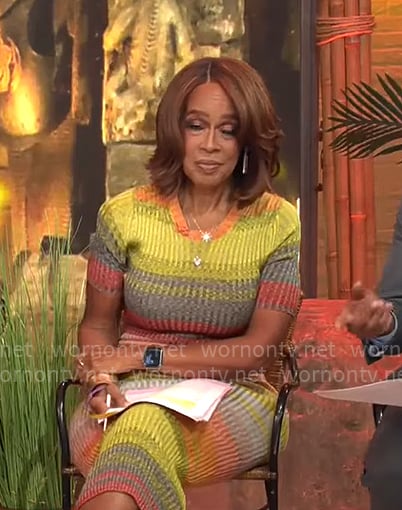 Gayle King's multi color striped knit dress on CBS Mornings