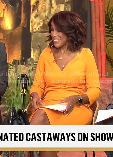 Gayle King's orange v-neck dress on CBS Mornings