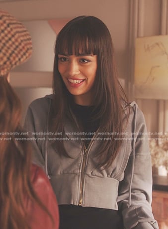 Genevieve's grey cropped hoodie on Emily in Paris