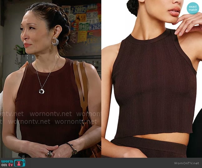 Good American Rib Knit Crop Tank Top in Espresso worn by Penelope Poppy Nozawa (Romy Park) on The Bold and the Beautiful