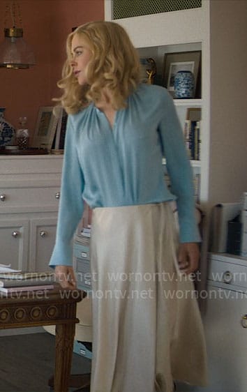 Greer's blue blouse and wrap skirt on The Perfect Couple