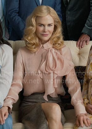 Greer's pink tie neck blouse on The Perfect Couple