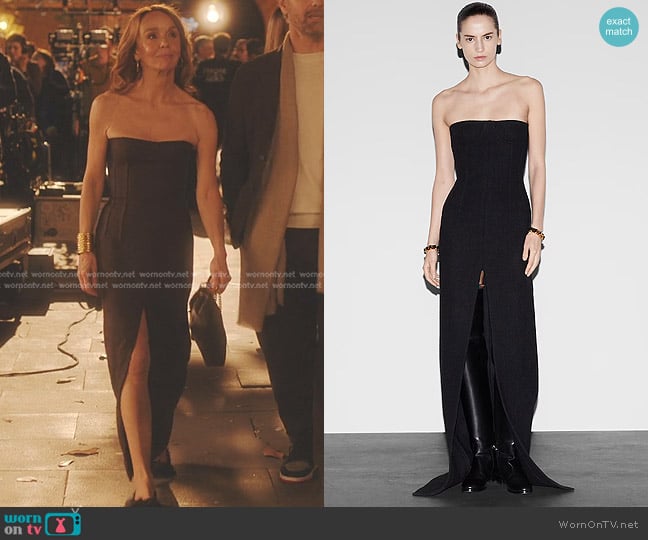 Sylvie’s black strapless dress on Emily in Paris