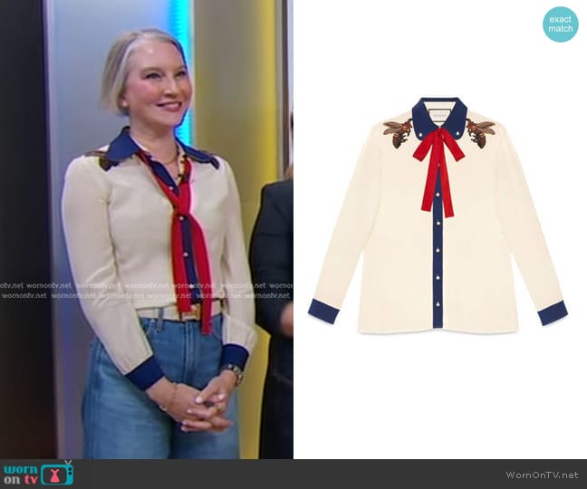 Gucci Embroidered Silk Shirt in Alabaster/Red/Blue worn by Clea Shearer on Good Morning America