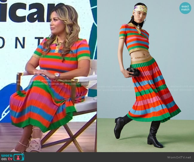 Gucci Viscose Blend Striped Polo Top and Skirt worn by Nadine Ramos on Good Morning America