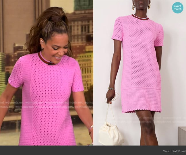 Gucci Webbing-trimmed open-knit cotton-blend mini dress worn by Sunny Hostin on The View