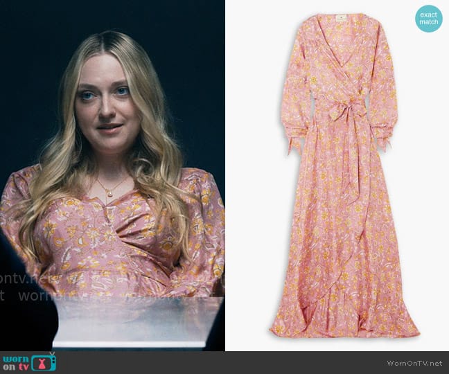 Hannah Luna floral-print silk wrap maxi dress worn by Abby Winbury (Dakota Fanning) on The Perfect Couple