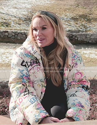 Heather's ivory floral puffer jacket on The Real Housewives of Salt Lake City