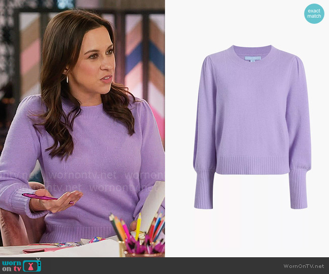 Hill House Home Sylvie Sweater worn by Lacey Chabert on Celebrations with Lacey Chabert