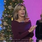 Hoda’s burgundy off-shoulder sweater and pleated leather midi skirt on Today