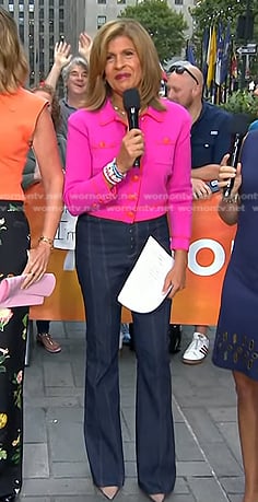 Hoda’s Pink contrast trim jacket and flare jeans on Today