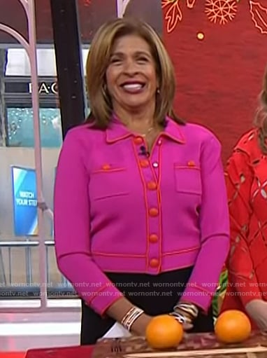 Hoda's Pink contrast trim jacket and flare jeans on Today