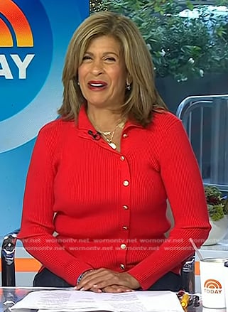 Hoda’s red ribbed button down top on Today