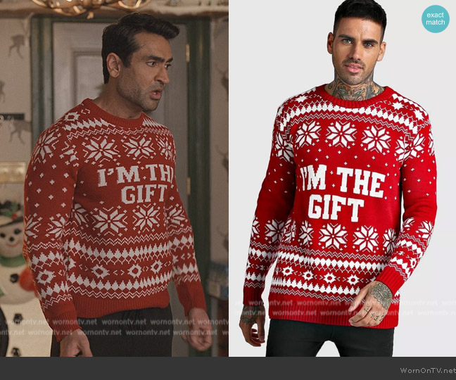 Boohoo I'm The Gift Knitted Christmas Sweater worn by Rudy Thurber (Kumail Nanjiani) on Only Murders in the Building