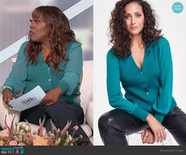 INC International Concepts Button-Front Chiffon-Sleeve Cardigan in Green Tourmaline worn by Sheryl Underwood on The Talk