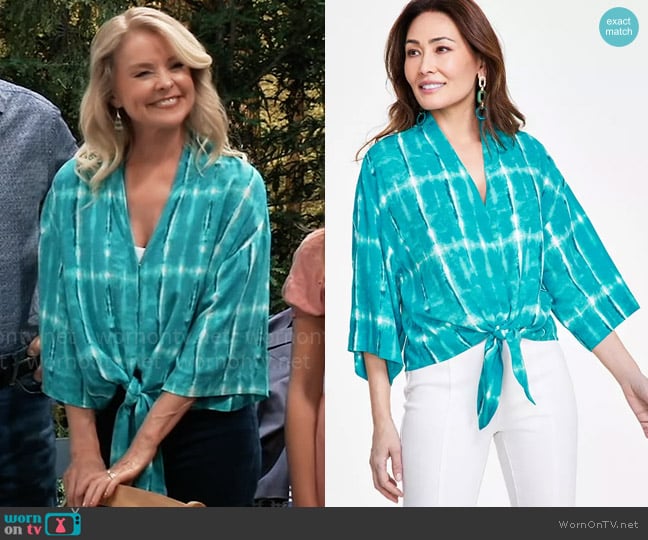 INC International Concepts Tie Front Top in Ibiza Dye Blue worn by Felicia Scorpio (Kristina Wagner) on General Hospital