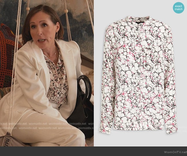 Isabel Marant  Rusak printed silk crepe de chine shirt worn by Bev Melon (Molly Shannon) on Only Murders in the Building