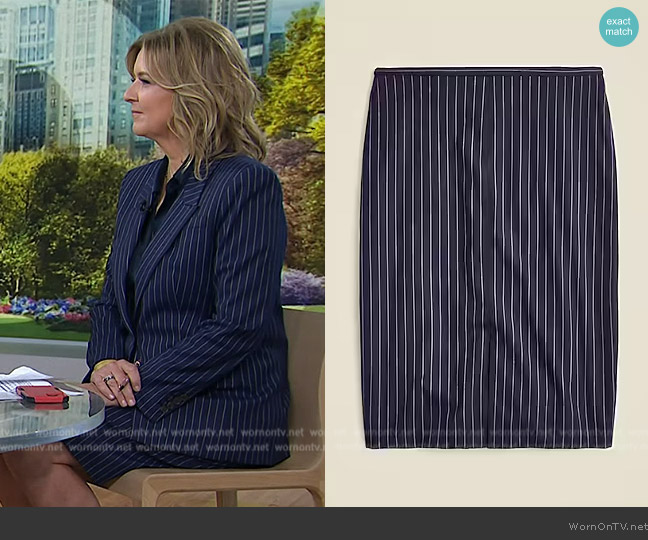 J. Crew Pencil knee-length skirt in navy pinstripe Italian wool blend worn by Christine Romans on Today