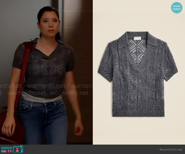 Violet’s grey pointelle knit polo top on Chicago Fire