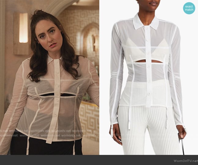 Jacquemus Vela cutout mesh shirt worn by Trina Brothers (Catherine Cohen) on Only Murders in the Building