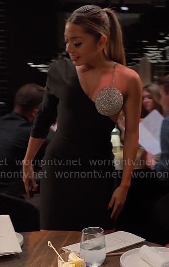 Jade's black asymmetric dress with crystals embellishment on Owning Manhattan