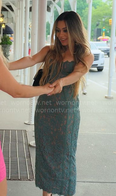 Jade's green lace midi bustier dress on Owning Manhattan