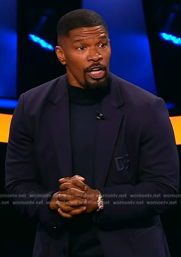 Jamie Foxx’s navy embroidered blazer on Beat Shazam