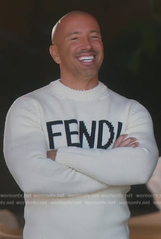 Jason's white Fendi logo sweater on Selling Sunset