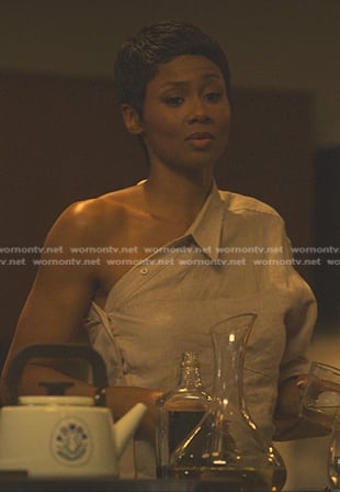 Jax's beige one-shoulder shirtdress on Reasonable Doubt