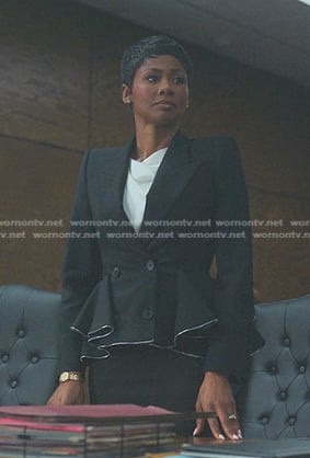 Jax's white top and black peplum blazer on Reasonable Doubt