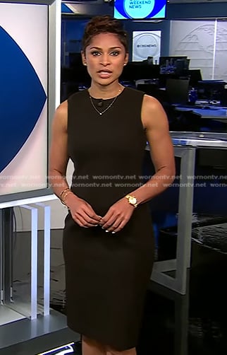 Jericka Duncan’s black sleeveless sheath dress on CBS Evening News