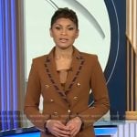 Jericka’s brown striped piping blazer and pants on CBS Evening News