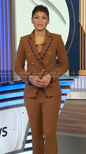 Jericka’s brown striped piping blazer and pants on CBS Evening News