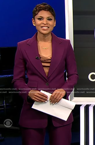 Jericka's purple blazer and pant suit on CBS Evening News