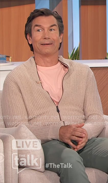 Jerry's beige knit zip up cardigan on The Talk