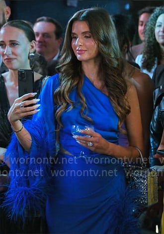 Jess's blue feather dress on Owning Manhattan