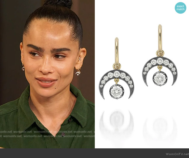 Jessica McCormack Diamond & Blackened Gold Crescent Moon Gypset Hoop Earrings worn by Zoe Kravitz on The Drew Barrymore Show