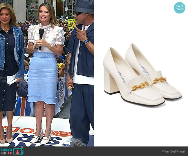 Jimmy Choo Diamond Tilda 85mm Leather Pumps in Latte worn by Savannah Guthrie on Today