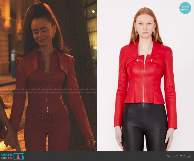 Jitrois Epic Jacket Detachable Bolero in Rouge worn by Emily Cooper (Lily Collins) on Emily in Paris